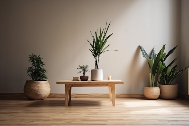 Tre piante in vaso su un tavolo di legno in una stanza con un muro bianco.