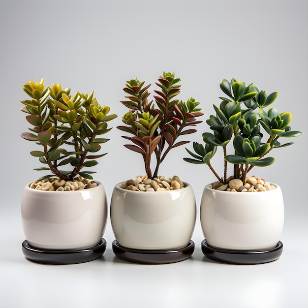 tre piante succulente in vasi bianchi con sfondo bianco
