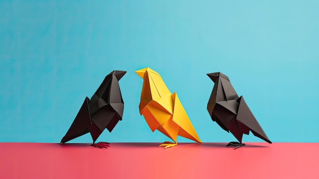 Tre piccioni origami di carta nero giallo rosso in un concetto accomodante con tecnologia generativa AI