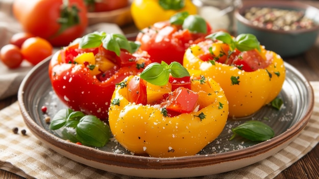 Tre piccole ciotole piene di pomodoro con il basilico in cima