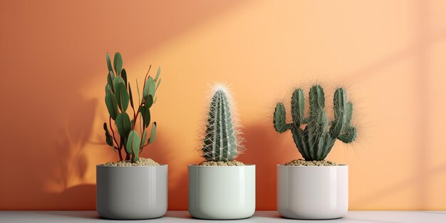 tre piccole piante di cactus in vaso su cemento davanti a un muro dai colori vivaci