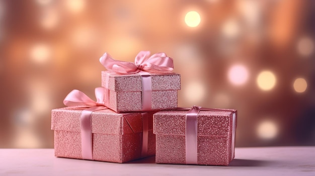 Tre piccole scatole regalo rosa con un nastro rosa in cima.