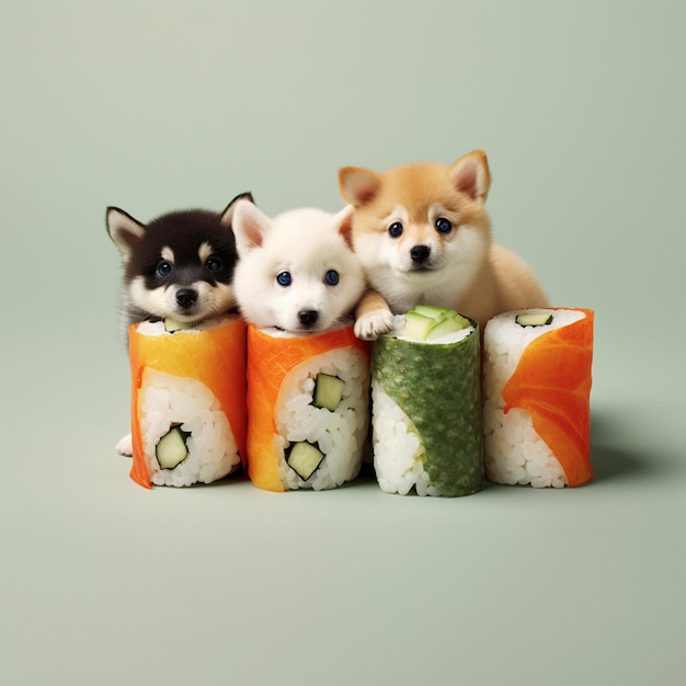 tre piccoli cani sono seduti sopra un rotolo di sushi generativo ai