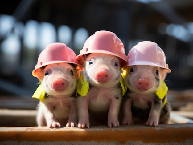 tre piccoli maiali con cappelli rosa e giubbotti gialli seduti su una ferrovia generativa ai