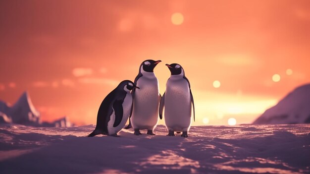 Tre pinguini stanno insieme su una spiaggia con un tramonto sullo sfondo.