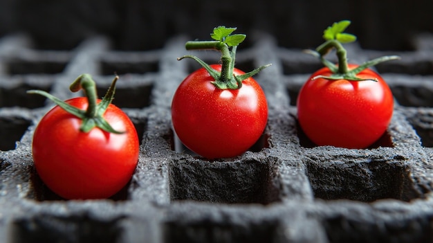 Tre pomodori stanno crescendo in una griglia di griglie ai