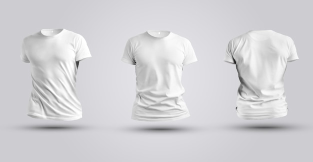 Tre prototipi di t-shirt bianca 3d realistica isolata su sfondo bianco. Modello di abbigliamento maschile per la presentazione del design.