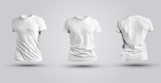 Tre prototipi di t-shirt bianca 3d realistica isolata su sfondo bianco. Modello di abbigliamento maschile per la presentazione del design.