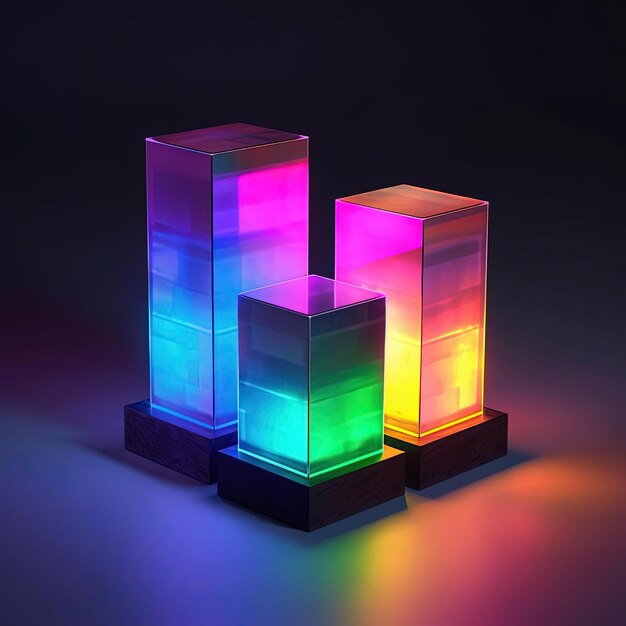 tre quadrati illuminati con luci colorate ai lati