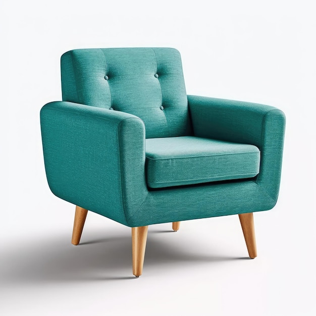 Tre quarti di vista Teal Mid Century Modernmchair su sfondo bianco IA generativa