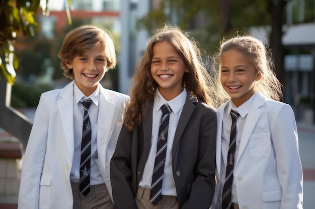 Tre ragazze che indossano l'uniforme scolastica e una che ha una camicia bianca e una cravatta.