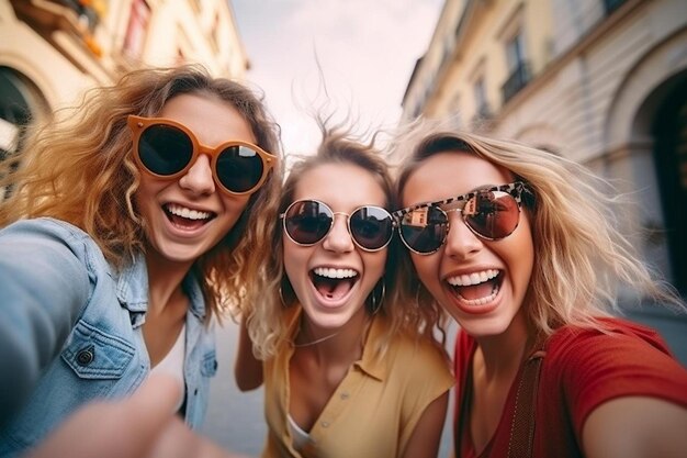 tre ragazze che indossano occhiali da sole stanno sorridendo e una ha una camicia bianca che dice che lo indosso