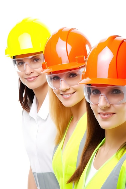 Tre ragazze che lavorano con occhiali di protezione giubbotto e casco Girato in studio su sfondo bianco