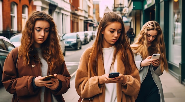 Tre ragazze che scrivono sui loro telefoni in una strada