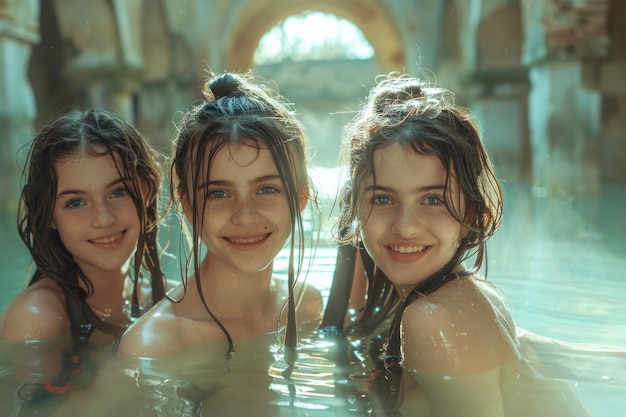 Tre ragazze che si godono una giornata di sole in piscina