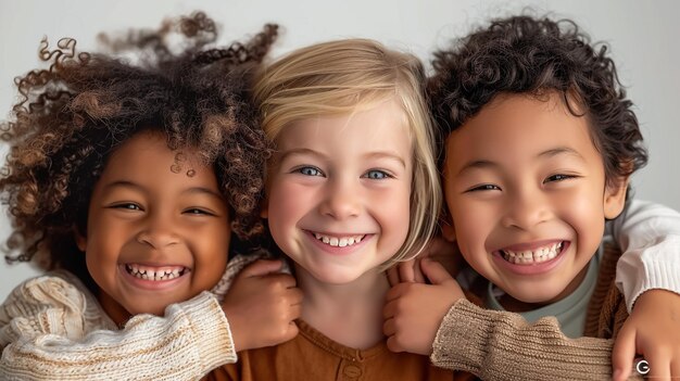 tre ragazze che sorridono con una che indossa un maglione marrone e l'altra ha uno sfondo bianco