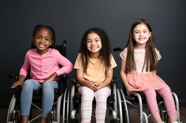 Tre ragazze elementari sorridenti su sedia a rotelle su sfondo nero studio