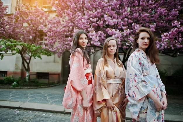 Tre ragazze europee che indossano il tradizionale kimono giapponese sfondo rosa albero di sakura