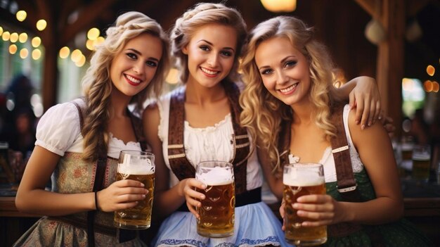 Tre ragazze in dirndl con tazze di birra