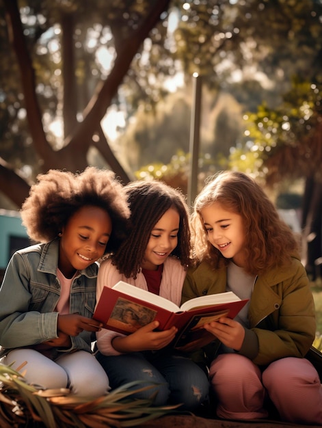 Tre ragazze insieme condividono un libro e l'amore per la lettura e la cultura giorno del libro amore per la cultura