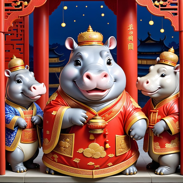 tre rinoceronti in piedi davanti a un tempio cinese