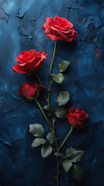 Tre rose rosse su sfondo blu