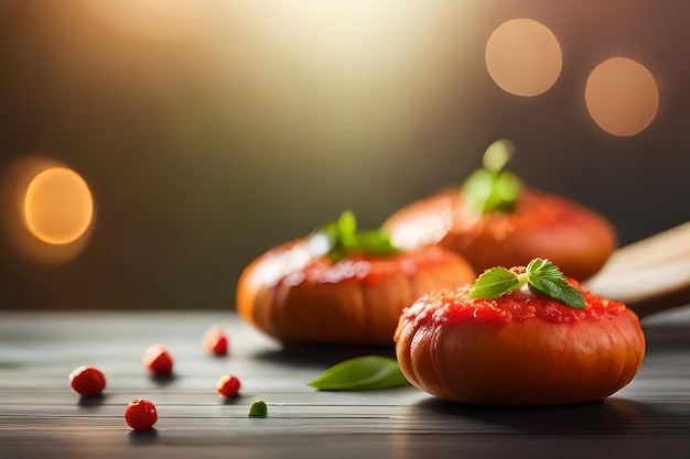 Tre salsicce con salsa rossa su un tavolo