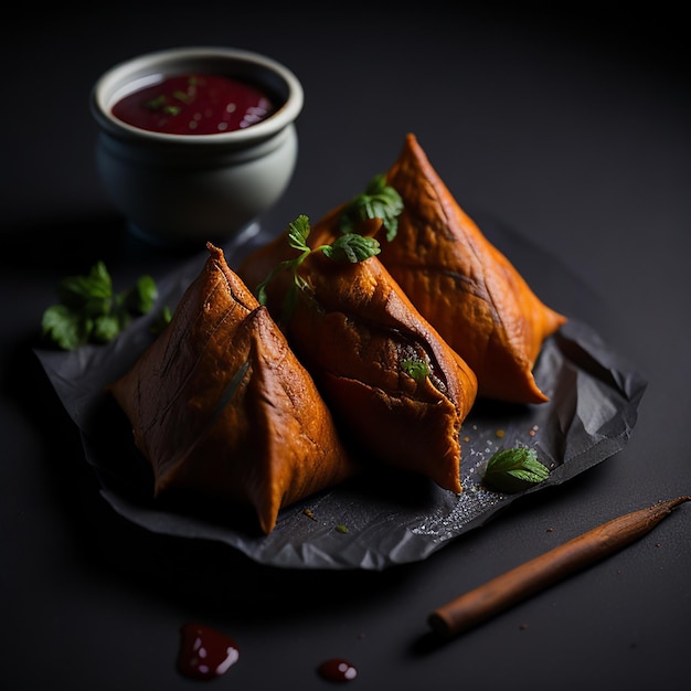 Tre samosa su un piatto con accanto una scodella di salsa.