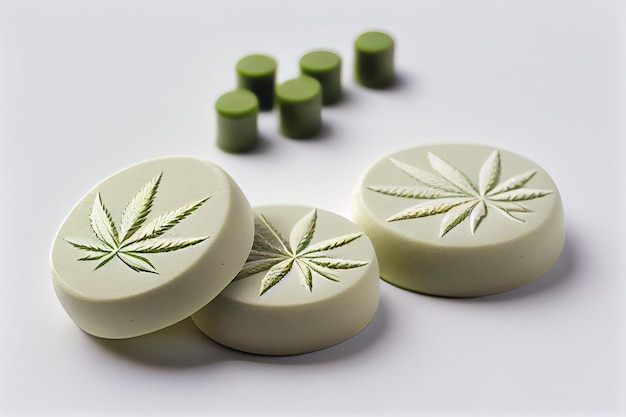 Tre saponi verdi con sopra la parola cannabis
