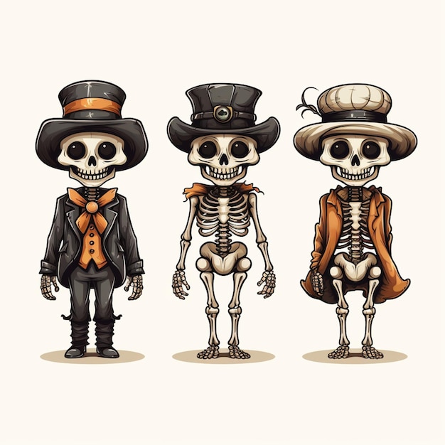 tre scheletri vestiti con cappelli e code con un cappello generativo ai
