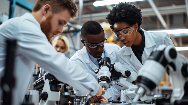 Tre scienziati in camicie da laboratorio stanno lavorando insieme a un progetto stanno guardando una scheda a circuito attraverso un microscopio