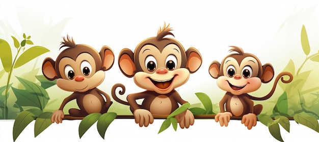 tre scimmie sedute su un ramo con foglie e un segno bianco ai generativo