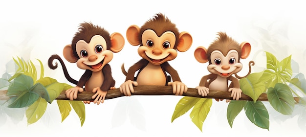 tre scimmie sedute su un ramo con foglie e uno sfondo bianco ai generativa
