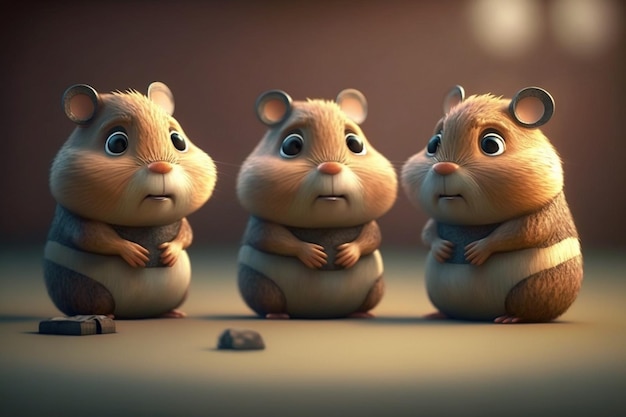 Tre scoiattoli dei cartoni animati sono seduti su un tavolo.