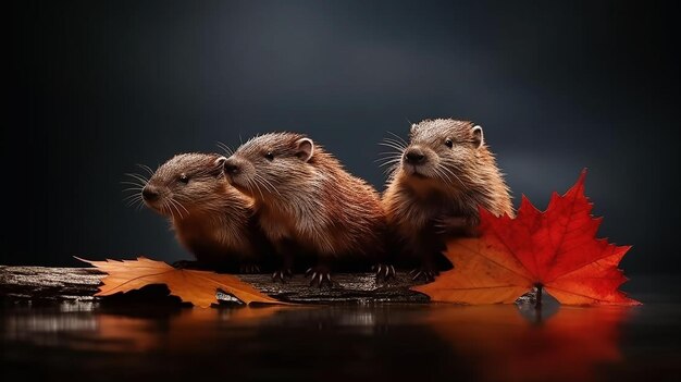 Tre simpatici castori canadesi con foglie di acero rosso su sfondo nero Canada Day Background