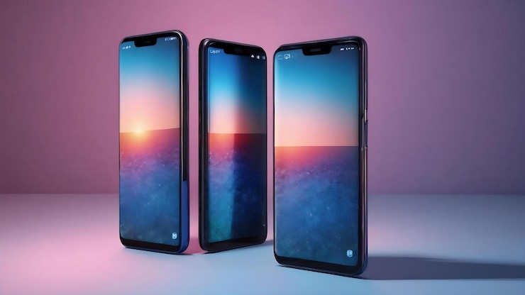 Tre smartphone isolati sullo sfondo blu
