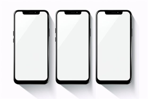 tre smartphone neri con schermi vuoti su uno sfondo bianco