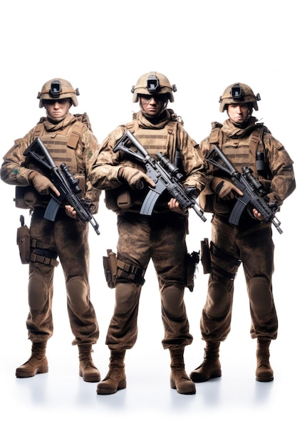 Tre soldati con pistole in fila con le spalle rivolte all'IA generativa