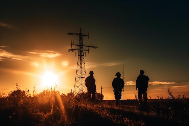 Tre soldati stanno in un campo con un tramonto sullo sfondo