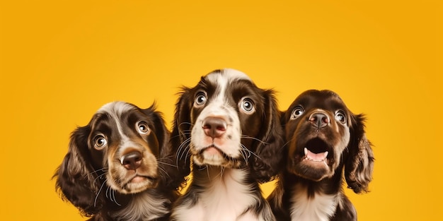 Tre spaniel su sfondo giallo