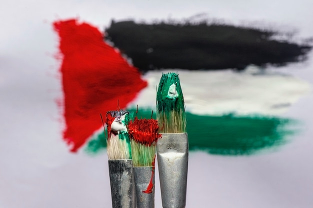 Tre spazzole davanti alla pittura sfocata della bandiera della Palestina con uno sfondo di carta bianca, messa a fuoco selezionata.