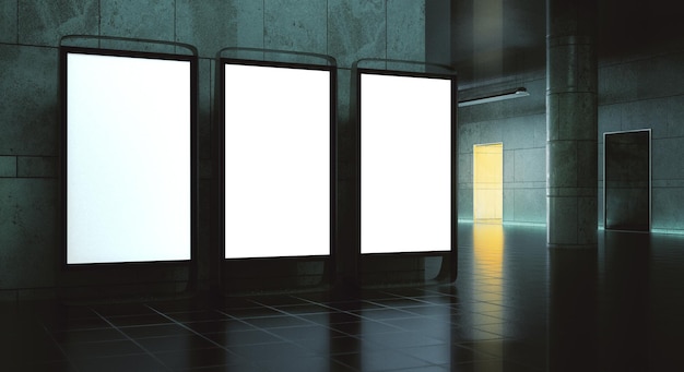 Tre stand pubblicitari vuoti in interni grunge Mock up rendering 3D