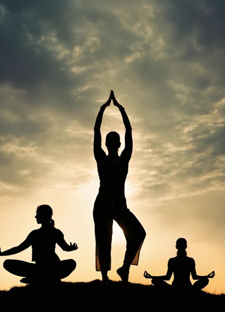 tre statue sono in silhouette contro un cielo al tramonto