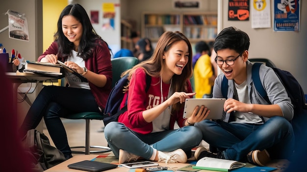 Tre studenti che ridono mentre studiano la navigazione sul tablet