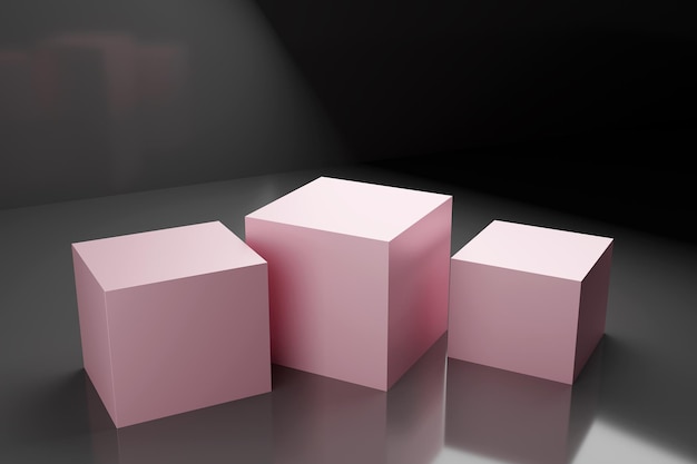 Tre supporti quadrati rosa su sfondo nero rendering 3d