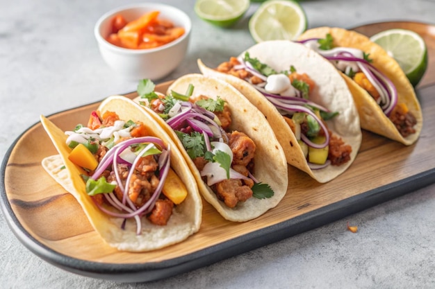tre tacos sono serviti su un tavolo da taglio tra cui uno che ha il numero 3 su di esso