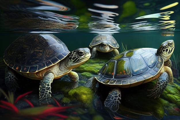 Tre tartarughe di fiume nuotano nello stagno durante il giorno IA generativa