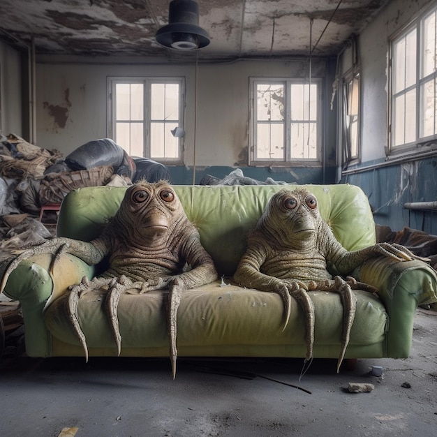Tre tartarughe seduto sul divano in una casa abbandonata Immagine concettuale