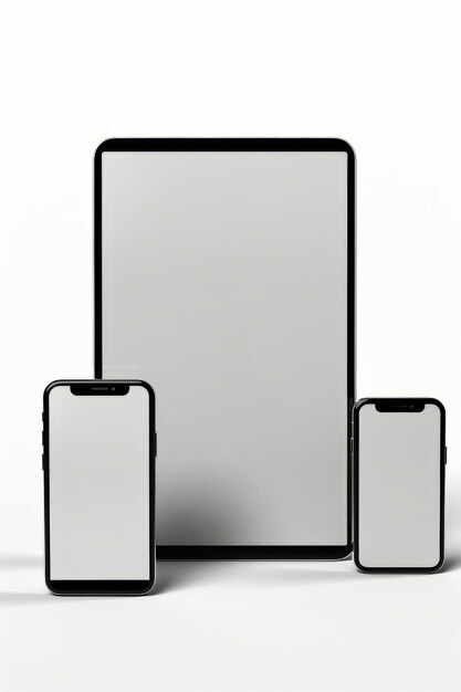 Tre telefoni cellulari con schermo vuoto l'uno accanto all'altro su superficie bianca AI generativa