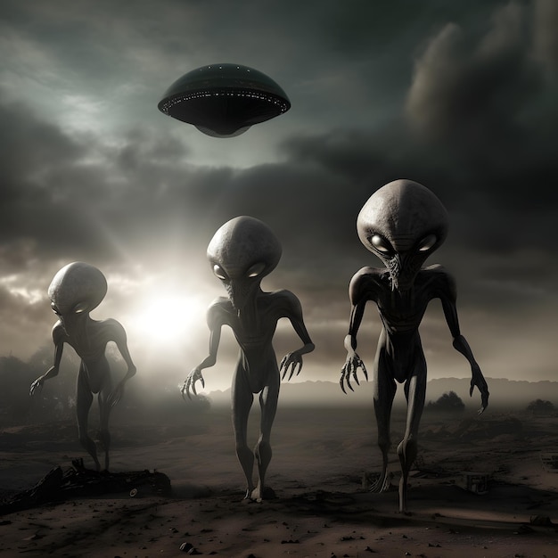 Tre teste aliene camminano in un deserto con un ufo sullo sfondo.